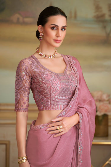 Pink Georgette Lace Work Saree For Festive Wear