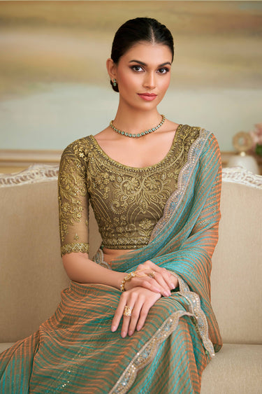 Lace Work Georgette Sea Green Festive Wear Saree