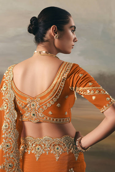 Tissue Border Work Orange Sangeet Wear Saree