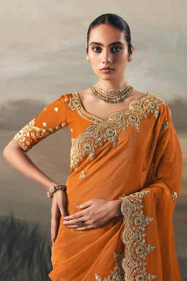Tissue Border Work Orange Sangeet Wear Saree