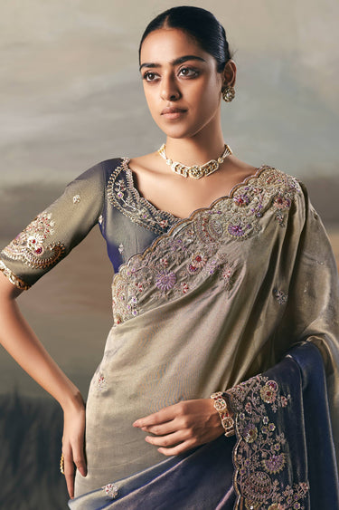 Grey Sangeet Wear Tissue Border Work Saree