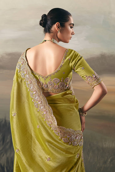 Border Work Tissue Green Sangeet Wear Saree