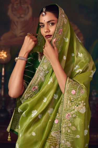 Green Border Work Silk Sangeet Wear Saree