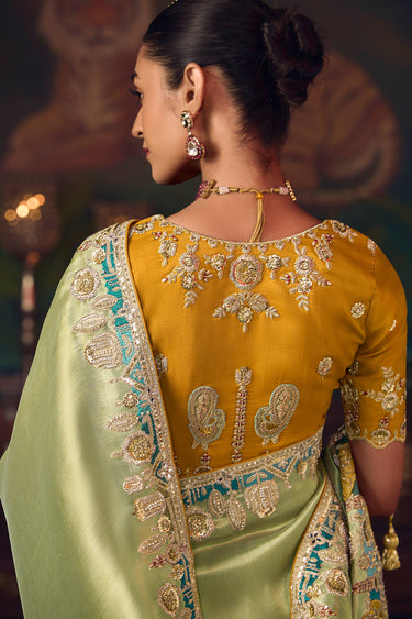 Sea Green Silk Border Work Sangeet Wear Saree