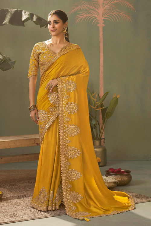 Embroidered Art Silk Yellow Function Wear Saree