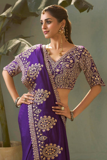 Purple Function Wear Embroidered Art Silk Fabric Saree