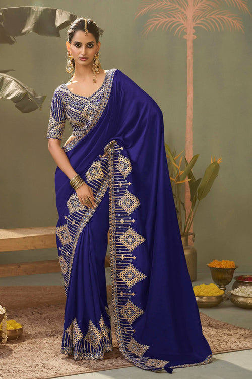 Embroidered Navy Blue Art Silk Festive Wear Saree