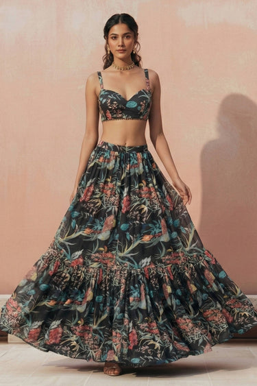 Georgette Printed Black Function Wear Readymade Lehenga Choli