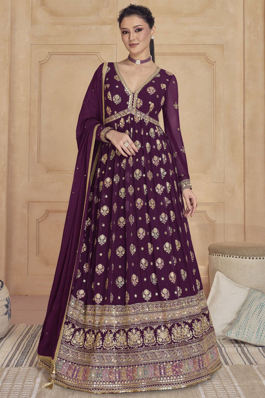 Purple Color Exquisite Readymade Gown With Dupatta In Georgette Fabric