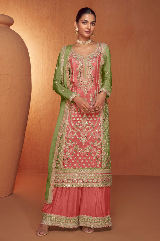 Mesmeric Pink Color Readymade Palazzo Suit In Chinon Fabric