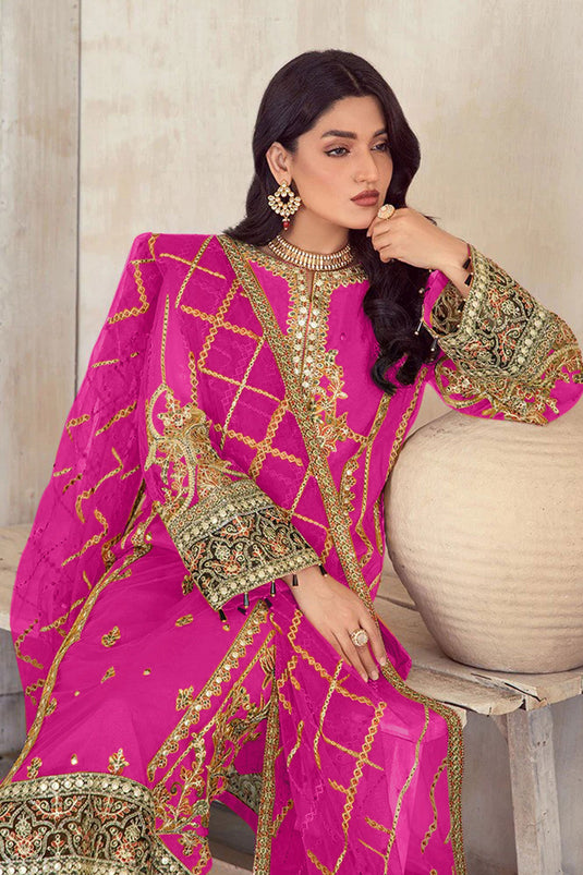 Excellent Organza Fabric Pink Color Embroidered Pakistani Suit