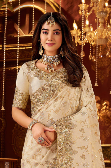 Embroidered Border Work Art Silk Beige Festive Wear Saree