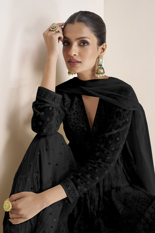 Black Color Georgette Fabric Charming Readymade Sharara Suit