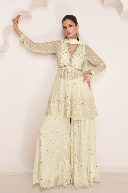 Georgette Fabric White Color Attractive Readymade Sharara Suit