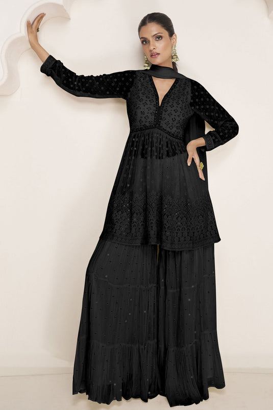 Black Color Georgette Fabric Charming Readymade Sharara Suit