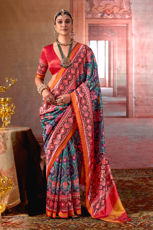 Teal Function Wear Art Silk Fabric Patola Printed Saree