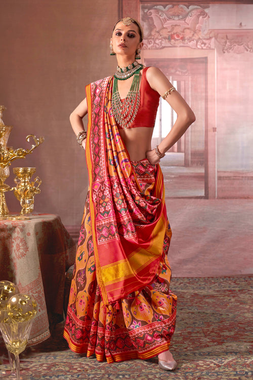 Art Silk Mustard Patola Printed Saree For Festive Wear