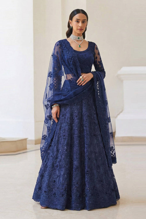Embroidered Net Fabric Navy Blue Lehenga Choli For Wedding Wear