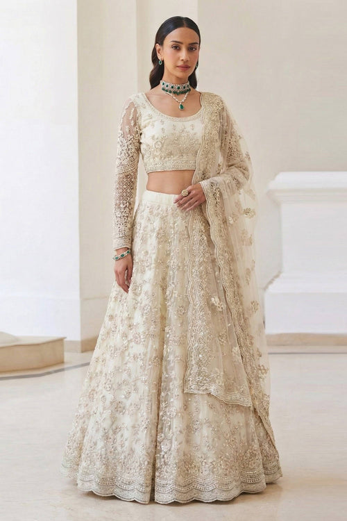 Beige Wedding Wear Net Embroidered Lehenga Choli With Dupatta