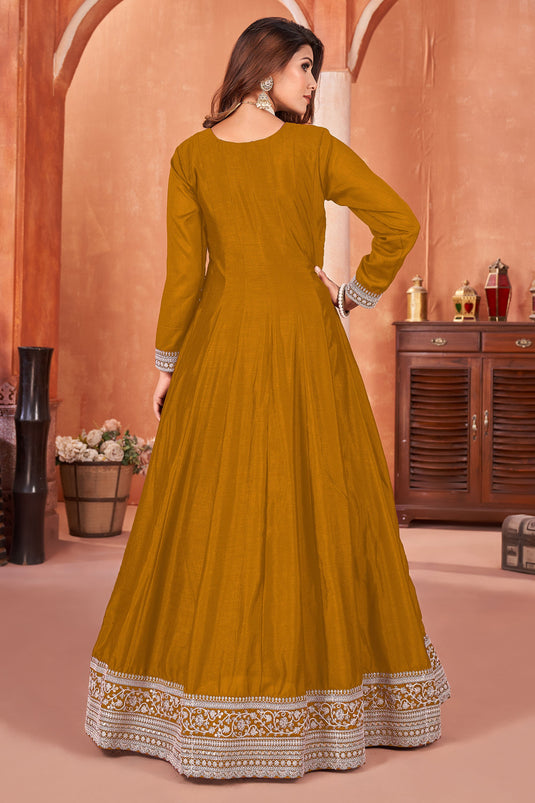 Radiant Mustard Color Art Silk Fabric Function Wear Anarkali Suit