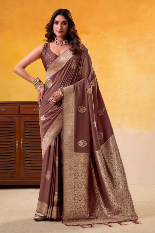 Brown Function Wear Art Silk Weaving Work Saree