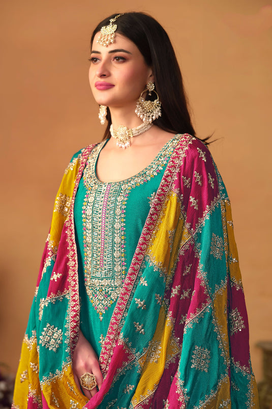 Sea Green Color Glittering Chinon Silk Fabric Designer Suit With Multi Color Dupatta