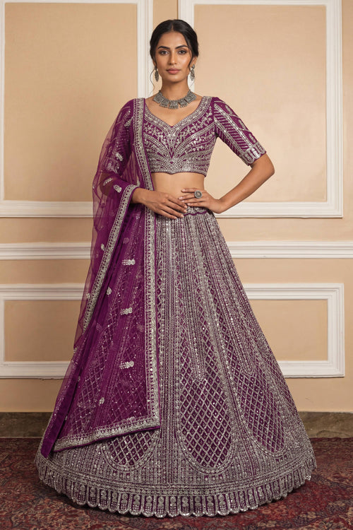 Purple Wedding Wear Net Sequins Embroidered Lehenga Choli With Dupatta