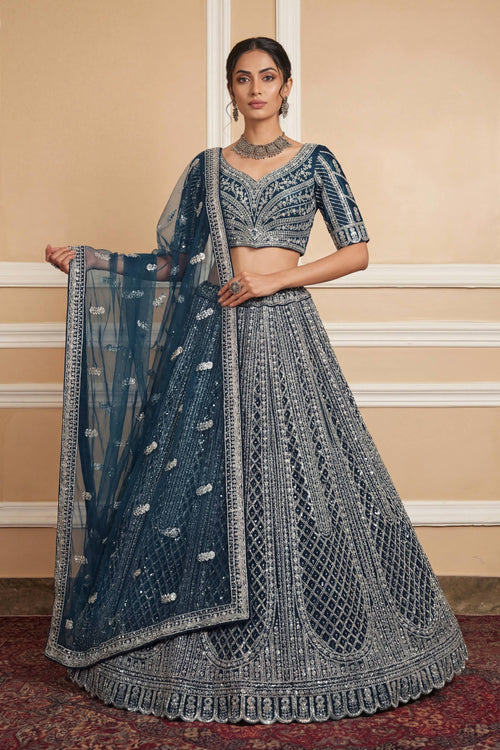 Sequins Embroidered Net Fabric Navy Blue Wedding Wear Lehenga Choli