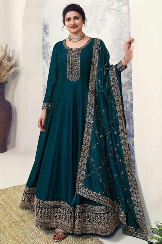 Prachi Desai Incredible Art Silk Fabric Teal Color Embroidered Anarkali Suit