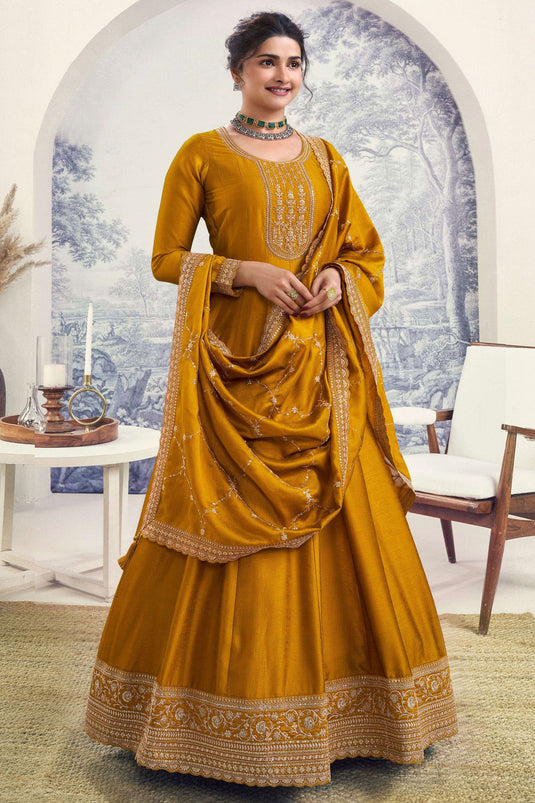 Prachi Desai Classic Mustard Color Embroidered Anarkali Suit In Art Silk Fabric