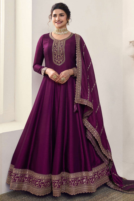 Prachi Desai Creative Embroidered Art Silk Fabric Anarkali Suit In Purple Color