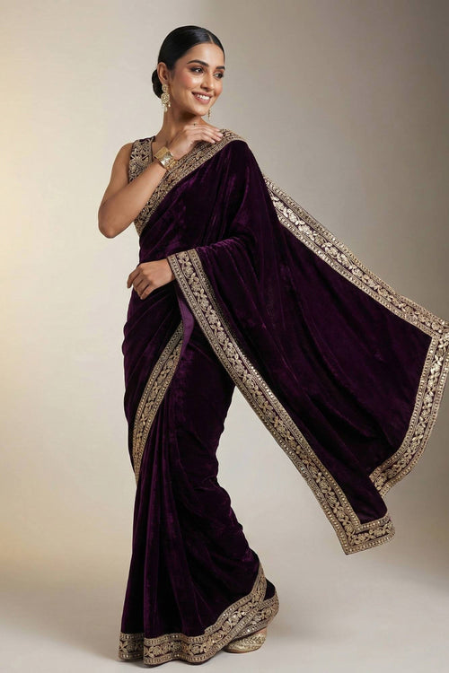 Border Work Viscose Velvet Wine Saree For Party Wear