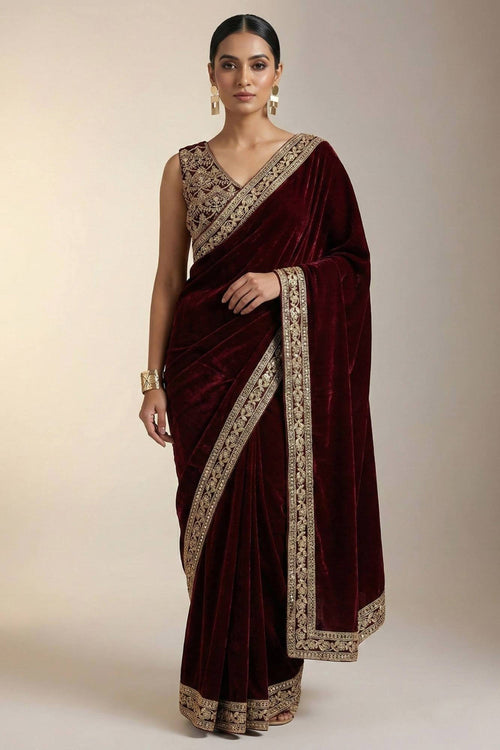 Viscose Velvet Border Work Maroon Party Wear Saree
