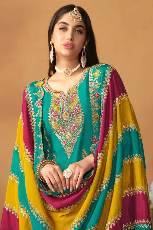 Sea Green Color Chinon Silk Fabric Lovely Salwar Suit With Multi Color Dupatta