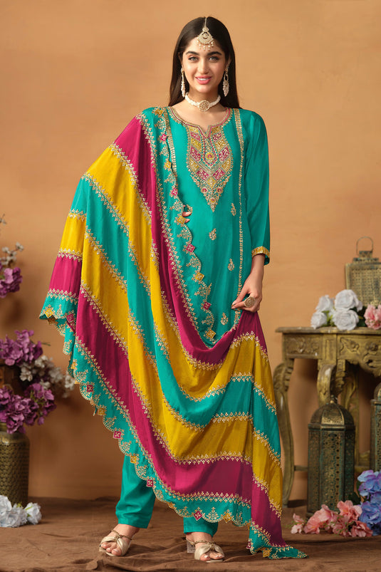 Sea Green Color Chinon Silk Fabric Lovely Salwar Suit With Multi Color Dupatta