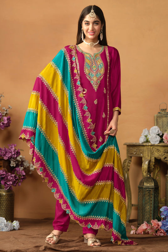 Chinon Silk Fabric Rani Color Trendy Salwar Suit With Multi Color Dupatta