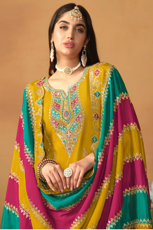 Yellow Color Chinon Silk Fabric Tempting Salwar Suit With Multi Color Dupatta