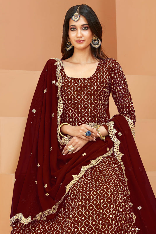 Sequins Work Maroon Color Inventive Anarkali Suit In Georgette Fabric