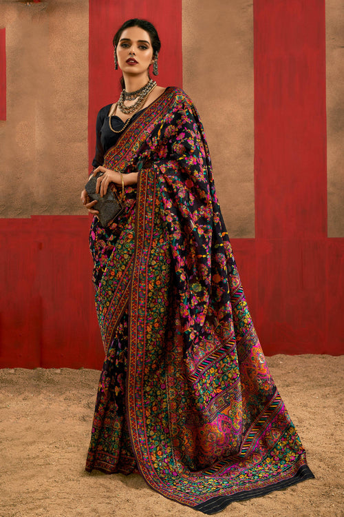 Cotton Printed Black Saree For Festive Wear