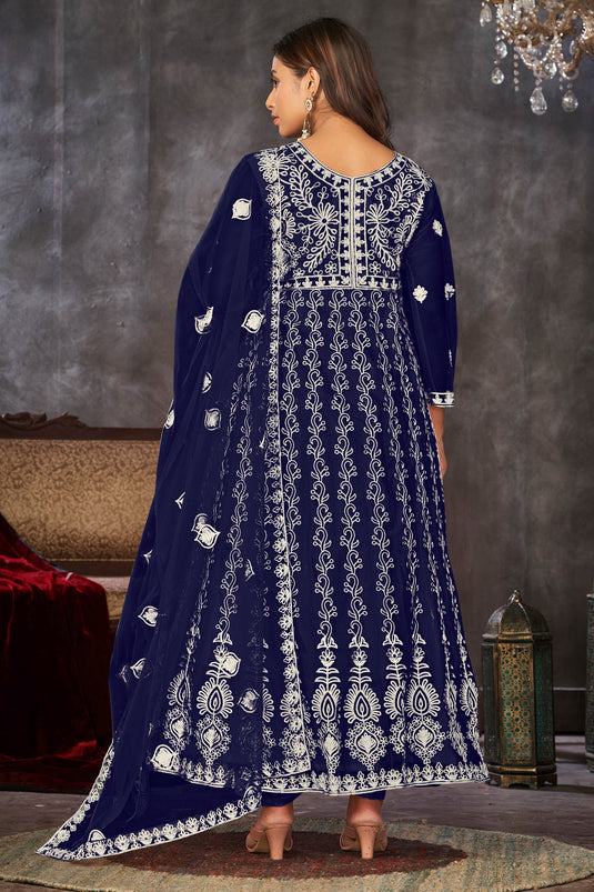 Tempting Net Fabric Blue Color Embroidered Anarkali Suit