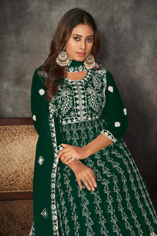 Engaging Green Color Net Fabric Embroidered Anarkali Suit