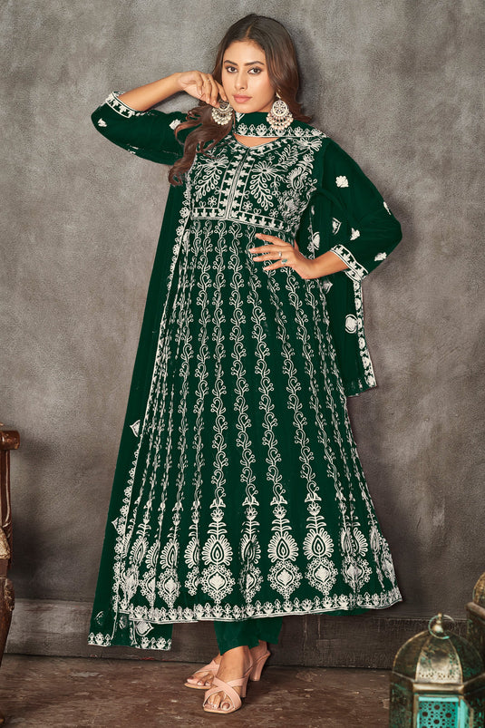 Engaging Green Color Net Fabric Embroidered Anarkali Suit