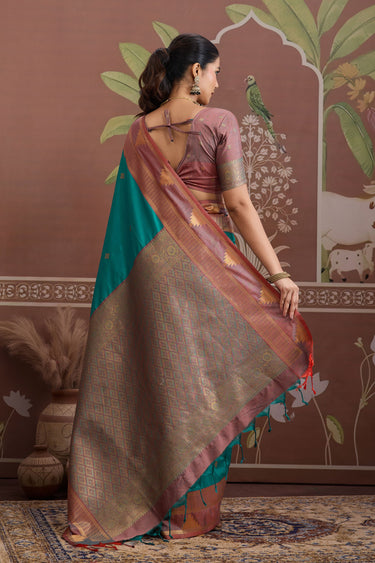 Tussar Silk Handloom Saree In Teal Color