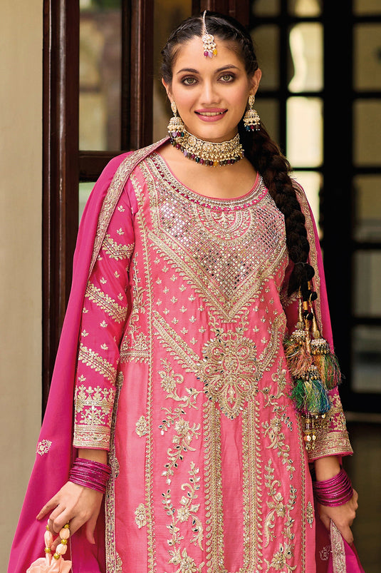Pink Color Chinon Fabric Charming Readymade Punjabi Style Palazzo Suit
