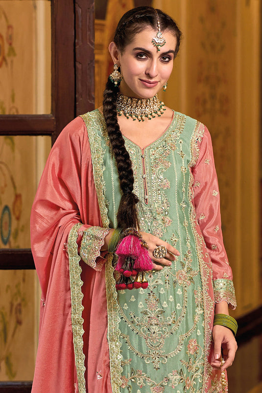 Sea Green Color Chinon Fabric Beautiful Readymade Punjabi Style Palazzo Suit