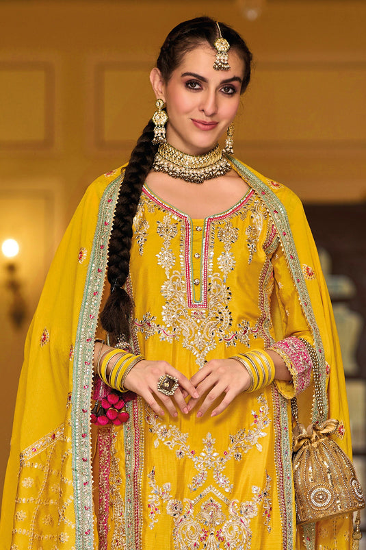 Chinon Fabric Mustard Color Glamorous Readymade Punjabi Style Palazzo Suit