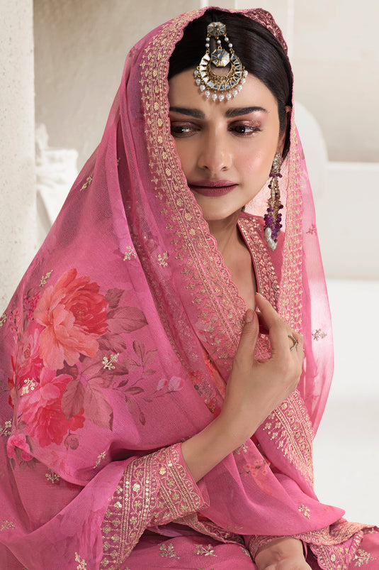 Prachi Desai Engaging Pink Color Viscose Fabric Palazzo Suit