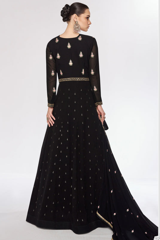 Eugeniya Belousova Fascinating Black Color Chinon Fabric Anarkali Suit