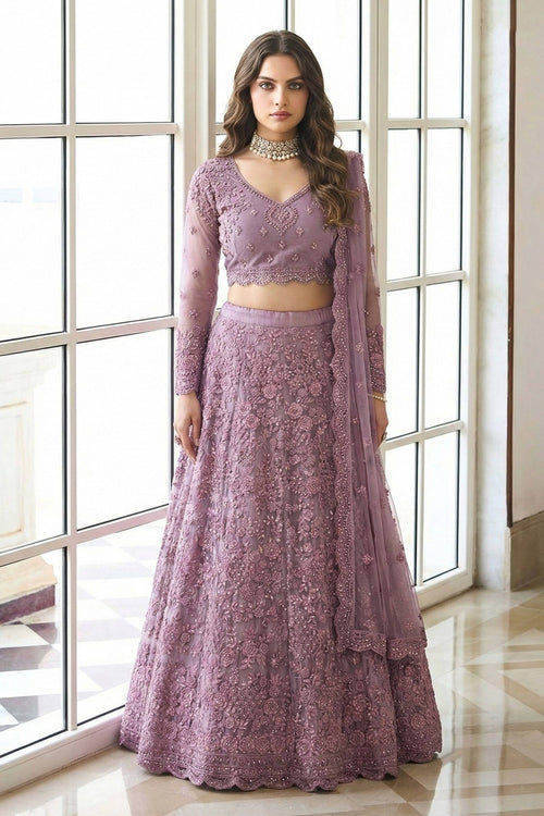 Embroidered Net Purple Lehenga Choli For Wedding Wear