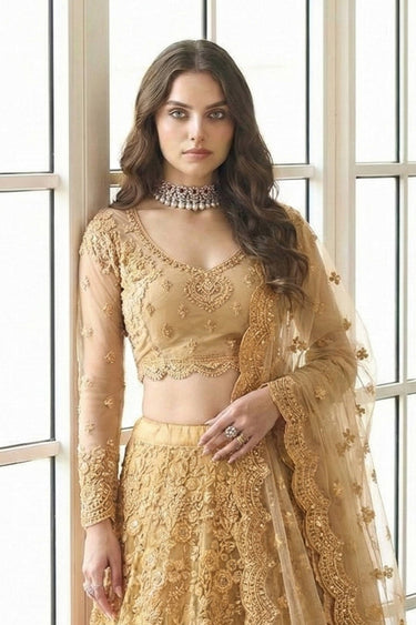 Beige Wedding Wear Embroidered Net Fabric Lehenga Choli